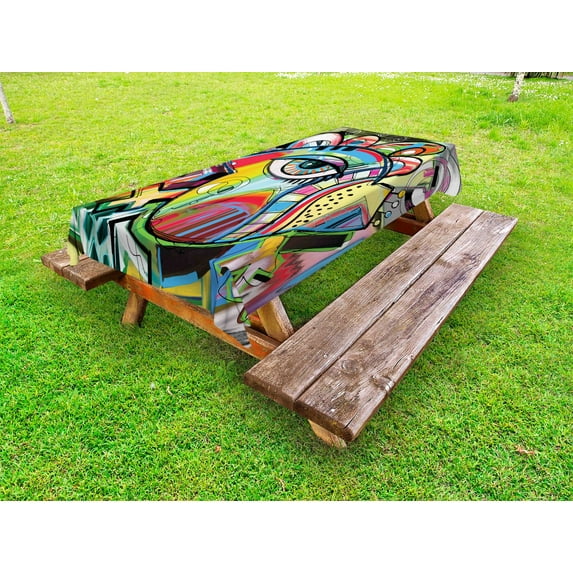 Contemporary Outdoor Tablecloth, Lively Colored Hand Drawn Style Artwork Abstract Composition with an Eye Motif, Decorative Washable Fabric Picnic Tablecloth, 58 X 120 Inches, Multicolor, by Ambesonne