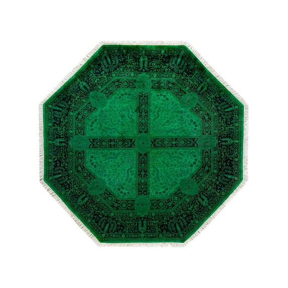 Contemporary Overdyed Wool Hand Knotted Green Octagon Area Rug 5' 1" x 5' 1"
