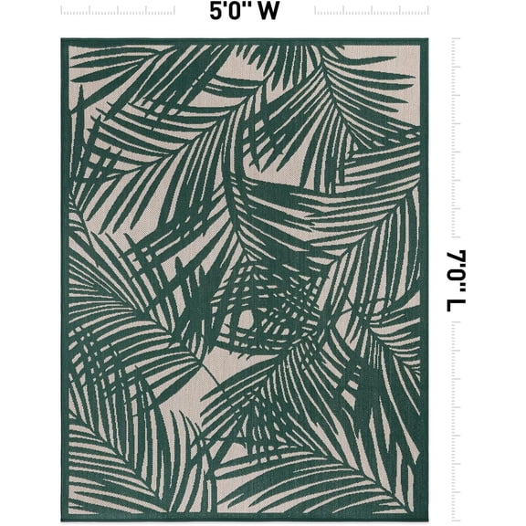 Contemporary Palm Leaf Textured Flat Weave Easy Cleaning Outdoor Rugs for Deck, , Backyard Indoor/Outdoor Area Rug 5' x 7' Green