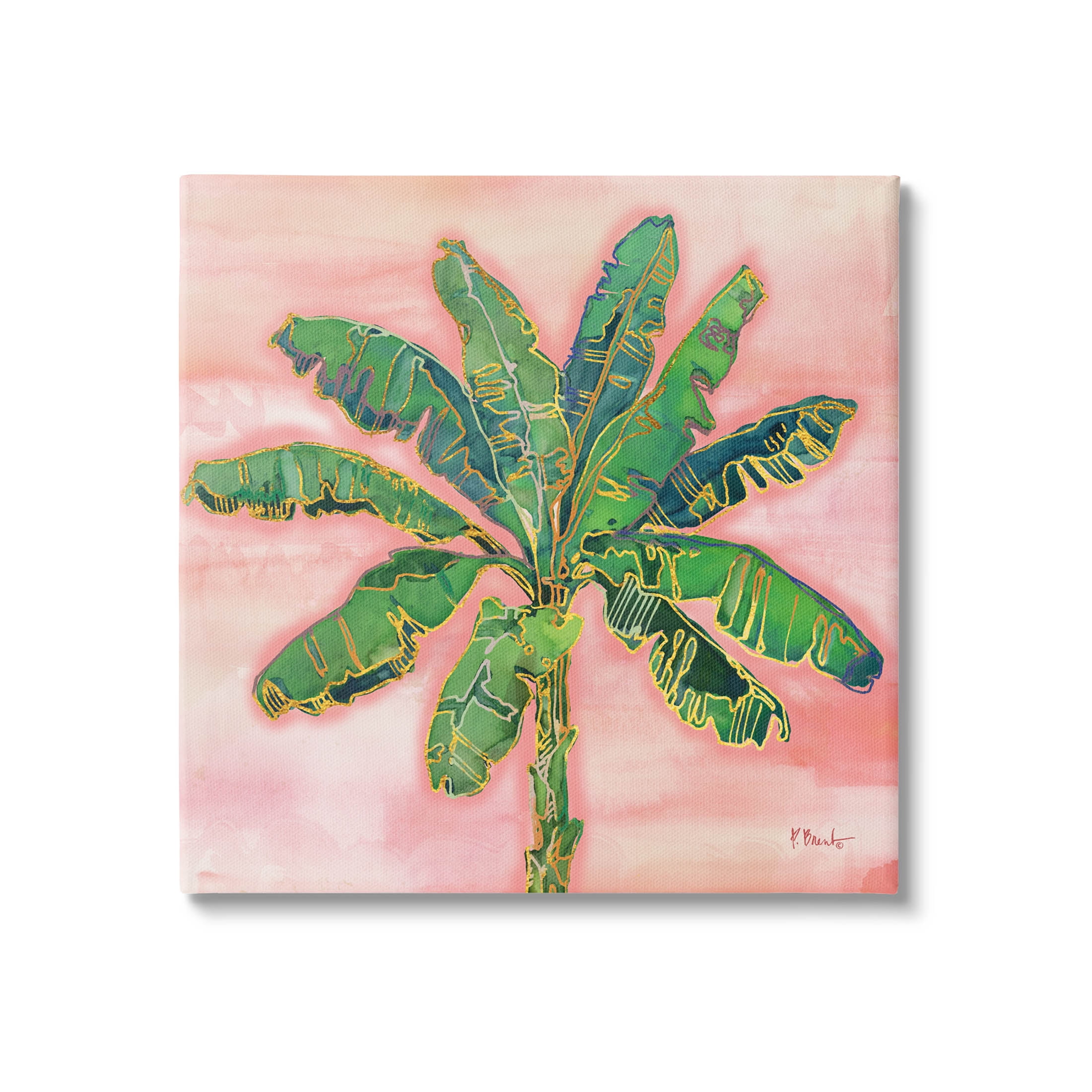 Contemporary Green Palm Tree Leaves on Pink Canvas Wall Art