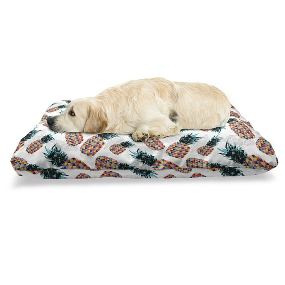 Contemporary Pet Bed, Pineapples with Colorful Triangles Hipster and Geometric Tropical Fruit Design, Resistant Pad for Dogs and Cats Cushion with Removable Cover, 24" x 39", Multicolor, by Ambesonne