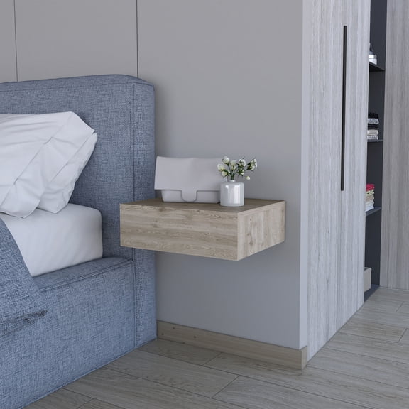Contemporary Pine Floating Nightstand with Drawer / Bedroom Storage for Personal Belongings
