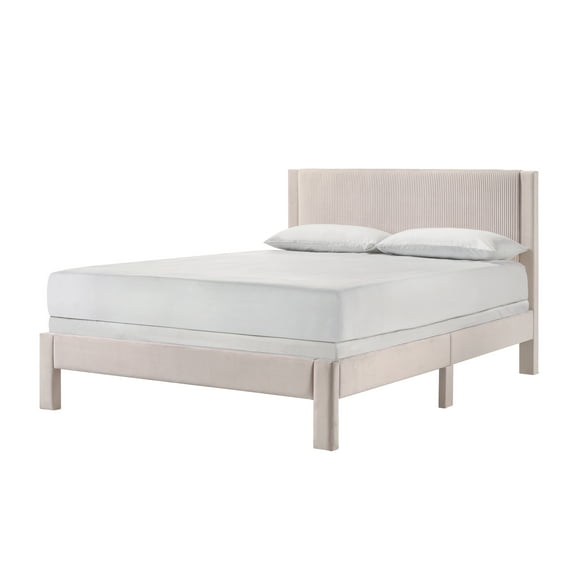 Contemporary Pink Full Platform Bed: Plush Ribbed Upholstered Headboard, Low-Profile Frame, Modern Bedroom Furniture (55"x79"x43"H)