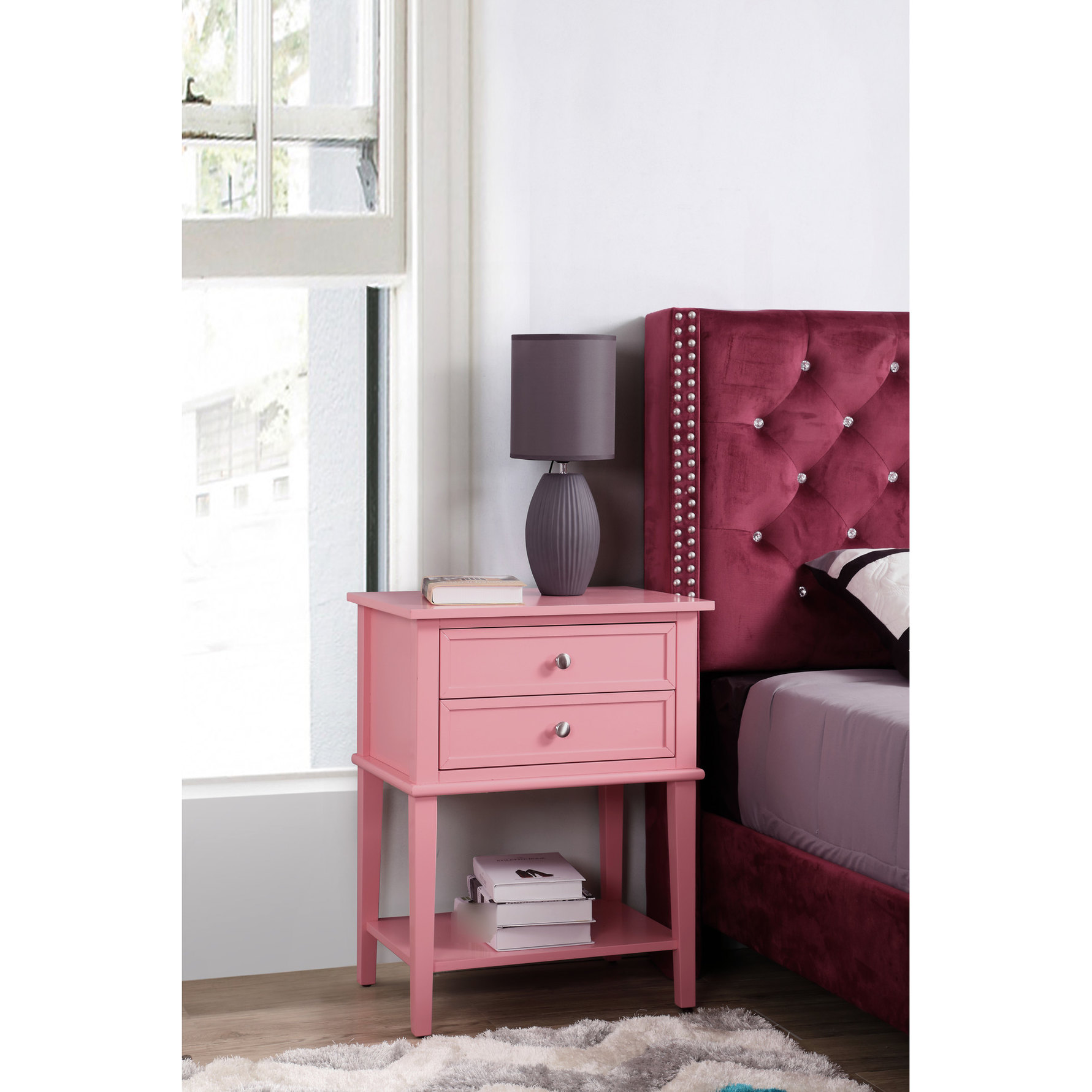 Contemporary Pink Nightstand | Easy Storage with Open Shelf | Sturdy ...