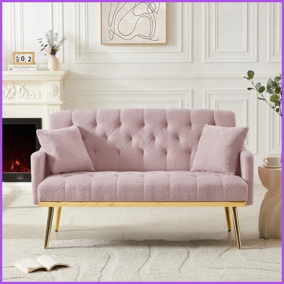 Contemporary Pink Teddy Fabric 2-Seater Sofa with Gold Metal Legs for Small Spaces