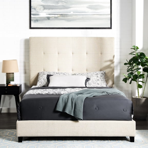 Contemporary Platform Bed In Beige With Solid Feet And Foam Filling Upholstered For Bedroom Laminated Lumber