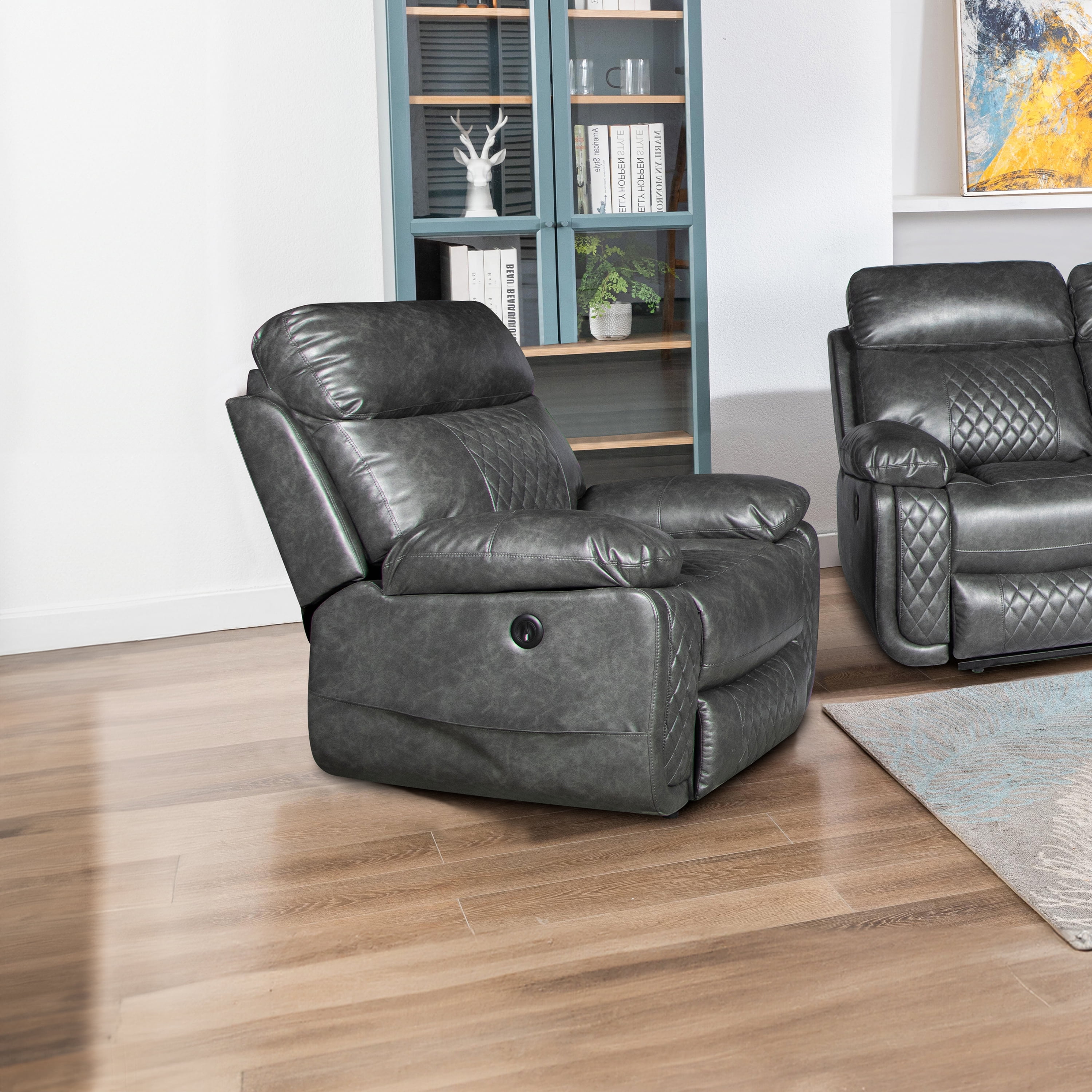 Contemporary Plush Faux Leather Upholstered Living Room Reclining Chair, Grey
