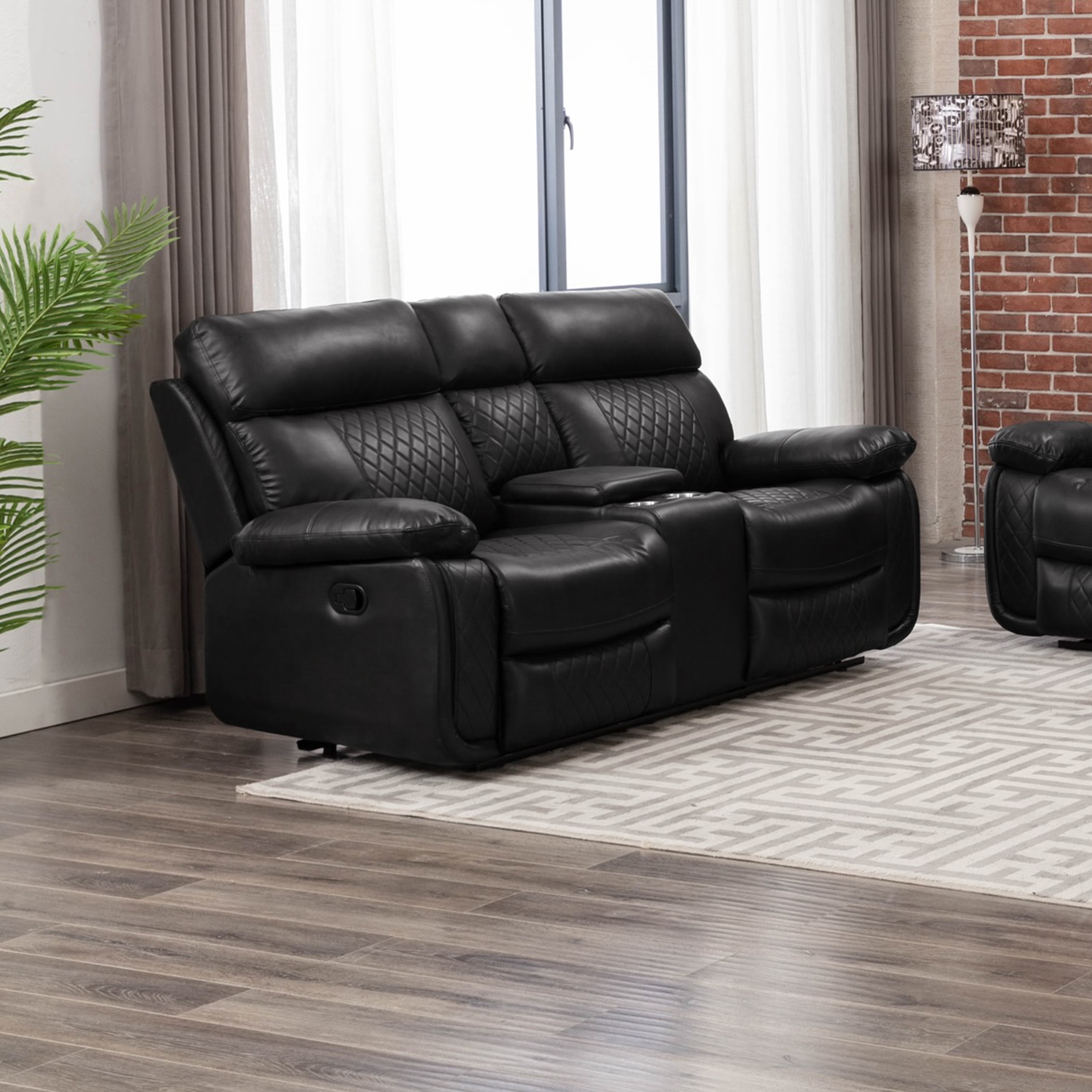 Contemporary Plush Faux Leather Upholstered Living Room Reclining Loveseat, Black