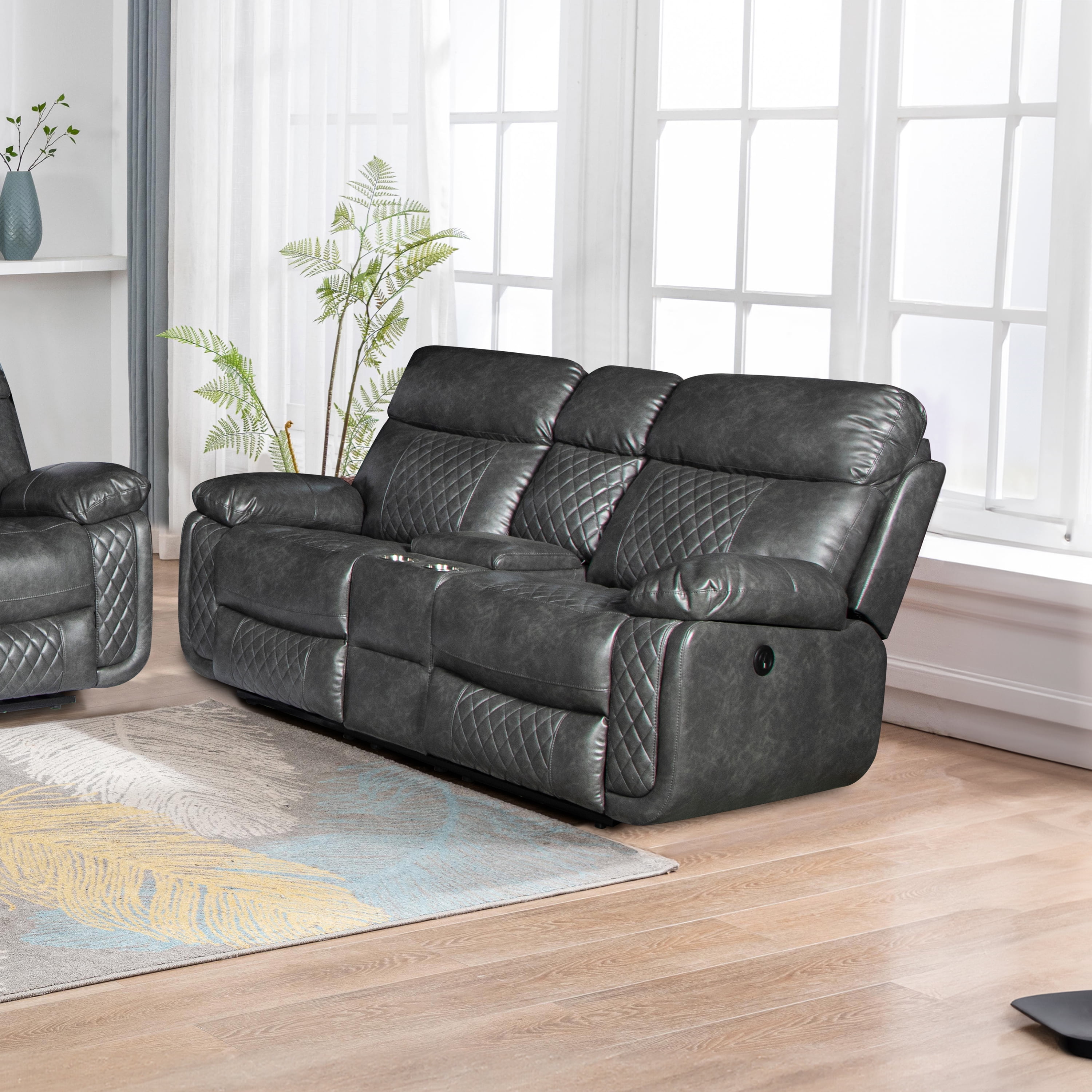 Contemporary Plush Faux Leather Upholstered Living Room Reclining Loveseat, Grey