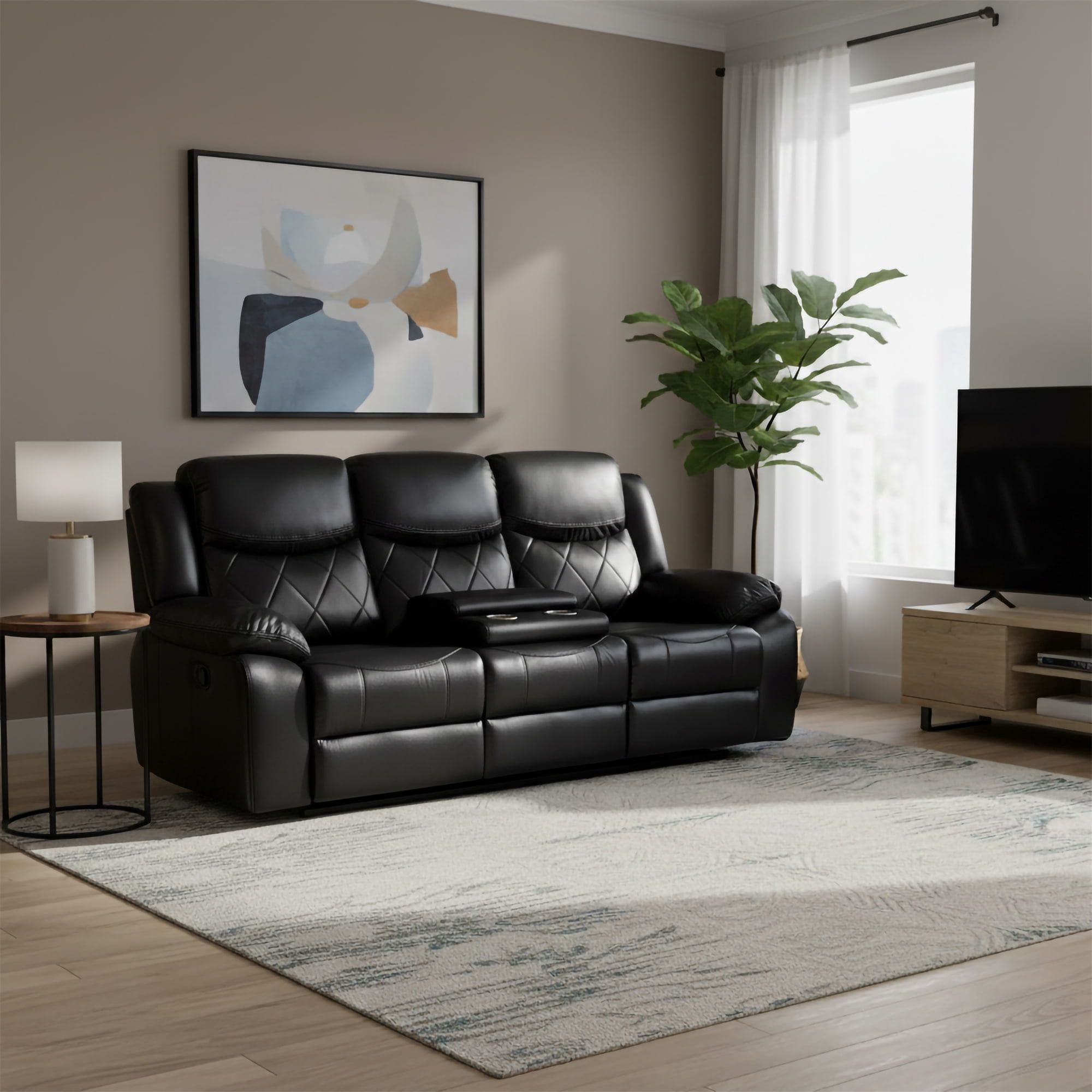 Contemporary Plush Faux Leather Upholstered Power Reclining Love Seat, Black