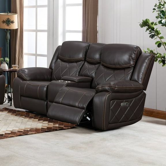 Contemporary Plush Faux Leather Upholstered Power Reclining Love Seat, Brown