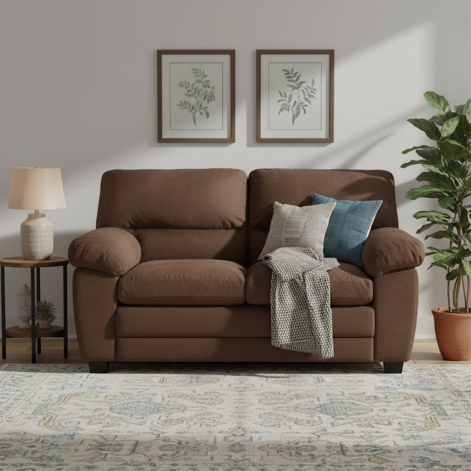 Contemporary Plush Velvet-Like Upholstered Living Room Loveseat, Brown