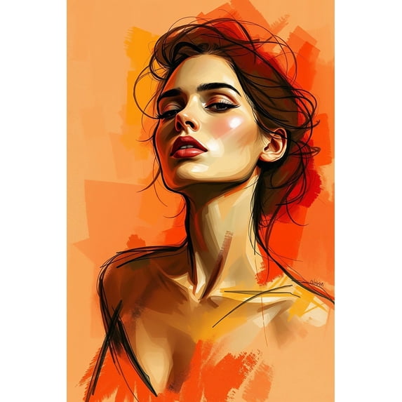 Contemporary Portrait Poster – Elegant Woman in Vibrant Orange Expressionist Style 【Photo Paper】