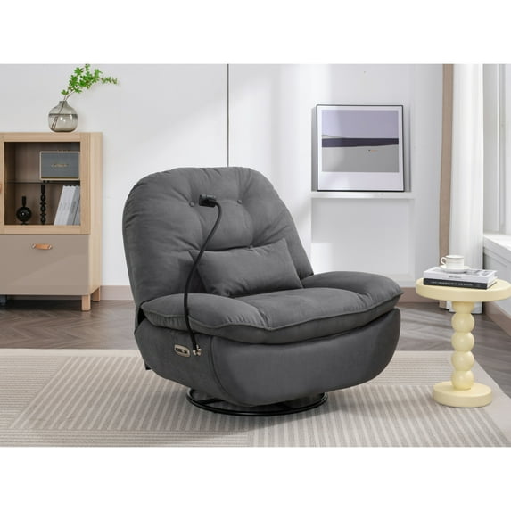 Contemporary Power Recliner Swivel Glider USB Charger Bluetooth Music Player Grey