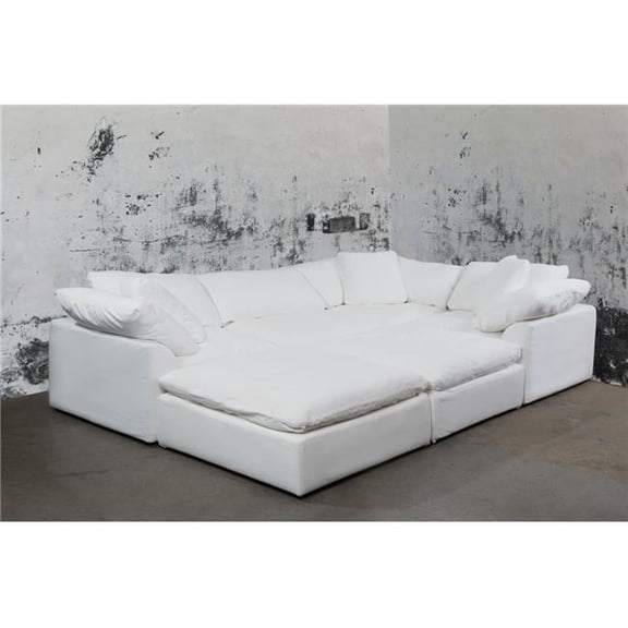 Contemporary Puff Collection 6PC Slipcovered Modular U-Shaped Pit Sectional Sofa - Performance Fabric Washable Water-Resistant Stain-Proof - 132 in. Deep-Seating Down-Filled Chaise Lounge Couch