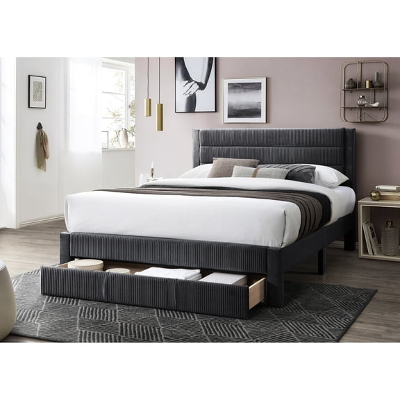Contemporary Queen Bed - Dark Gray Corduroy With Underbed Storage Solution Upholstered Tray