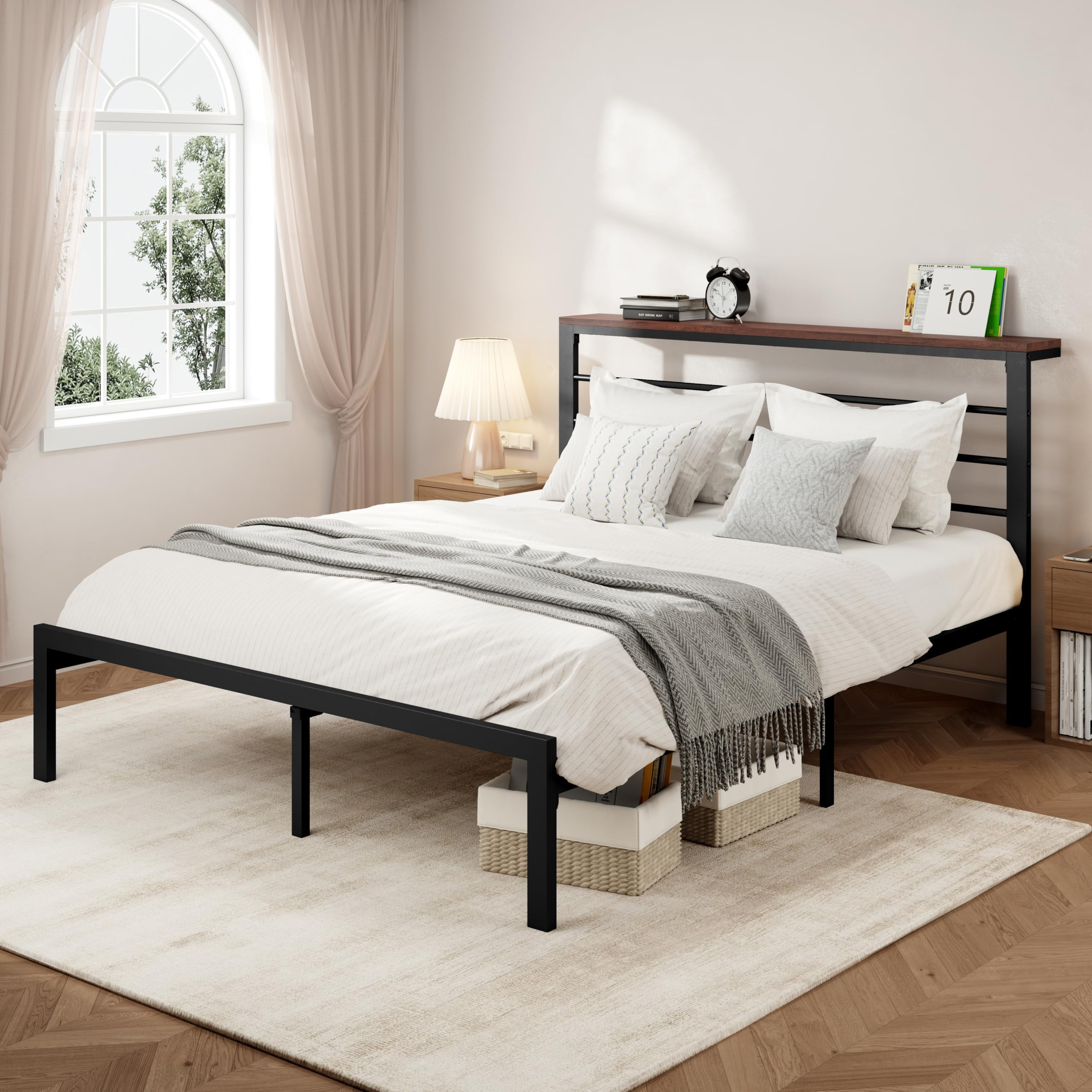 Contemporary Queen Bed Frame with Wide Headboard Shelf, No Box Spring ...
