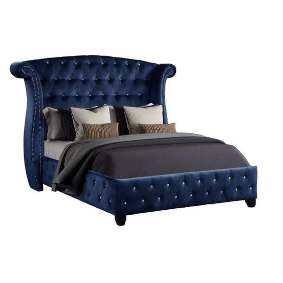 Contemporary Queen Bed In Blue Velvet With And Side Rails Size Upholstery Modern Tuft Patterns