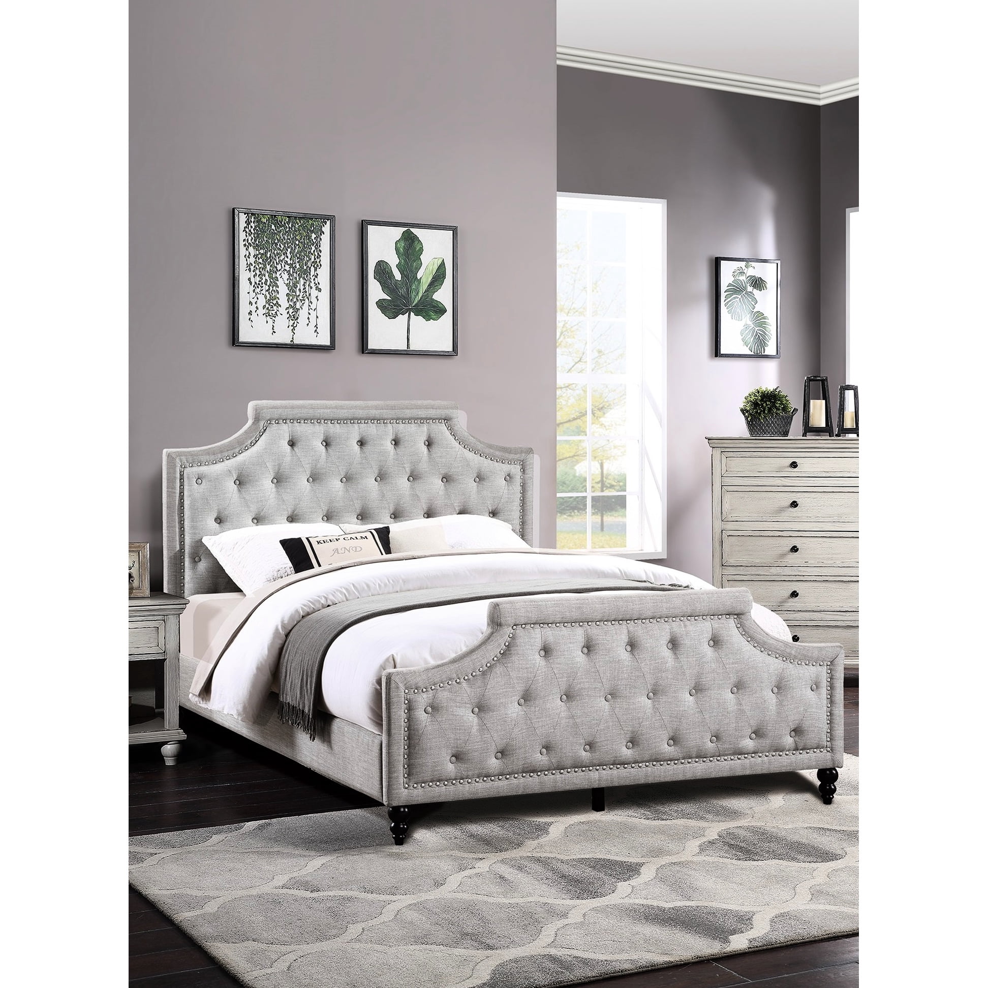 Contemporary Queen Bed In Grey Polyfiber With Fashionable Button ...