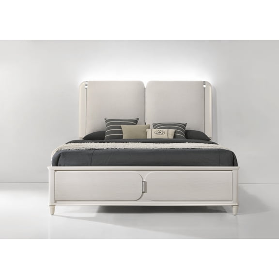 Contemporary Queen Bed With Integrated Led - Gray And White, Soft Upholstered Headboard, Synthetic Wood Construction, Acrylic Legs, Box Spring Needed Modern Pearl White Finish, Frame, Stylish