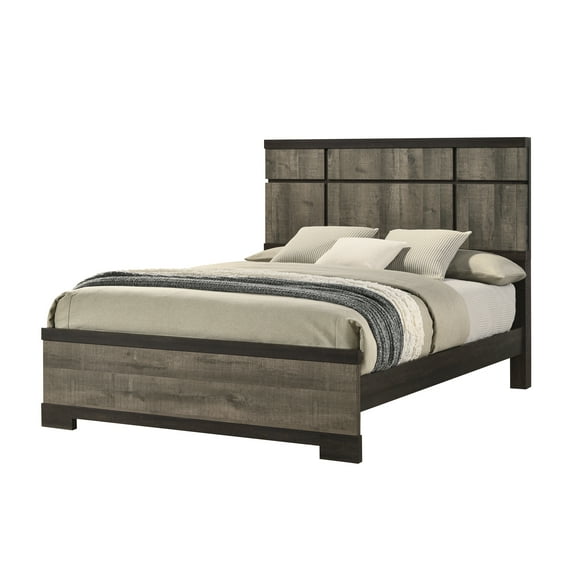 Contemporary Queen Panel Bed Frame w/ Rustic Charm Headboard - Modern Gray Ebony Wood, Minimalist Luxury for Bedroom - 81" L, Box Spring Required
