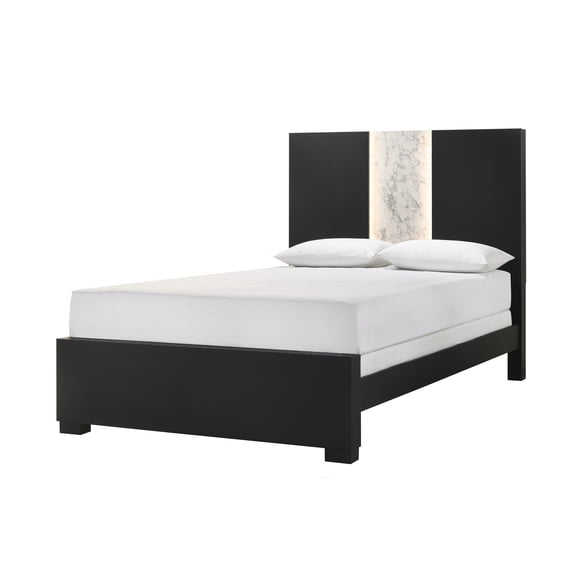 Contemporary Queen Panel Bed with LED Headboard, Black & White Finish, Wood, Box Spring Required