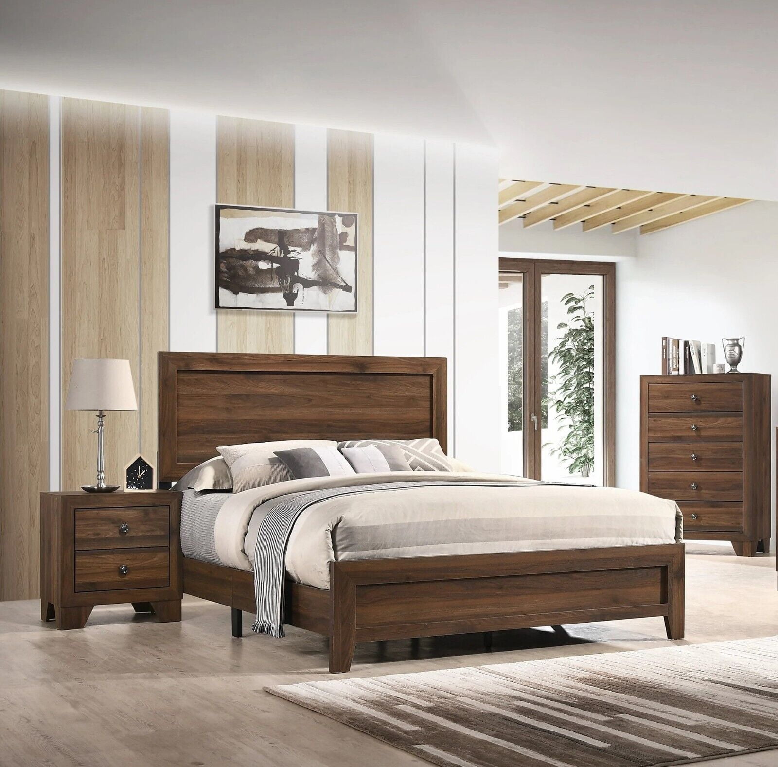 Contemporary Queen Size 3Pc Bedroom Set Bed Chest Nightstand Cherry Brown Finish Wooden ...