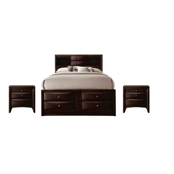 Contemporary Queen Size 3pc Captains Bed Nightstands Set Storage Drawers Cherry Finish Wooden Bedroom