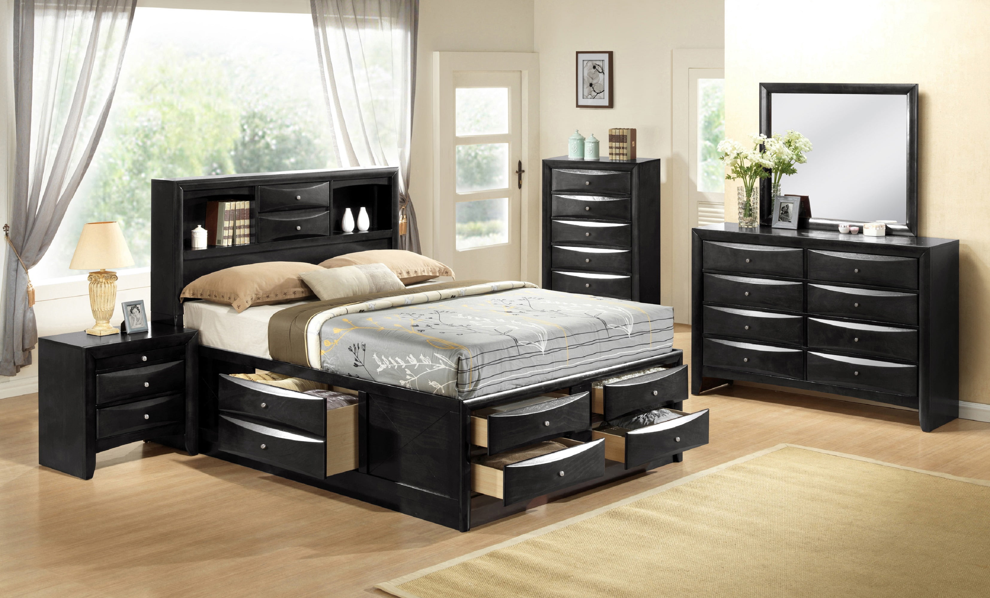 Contemporary Queen Size 6 Pieces Bedroom Set Bed Dresser Mirror Nightstand Chest Storage Drawers Black Finish Wooden Furniture