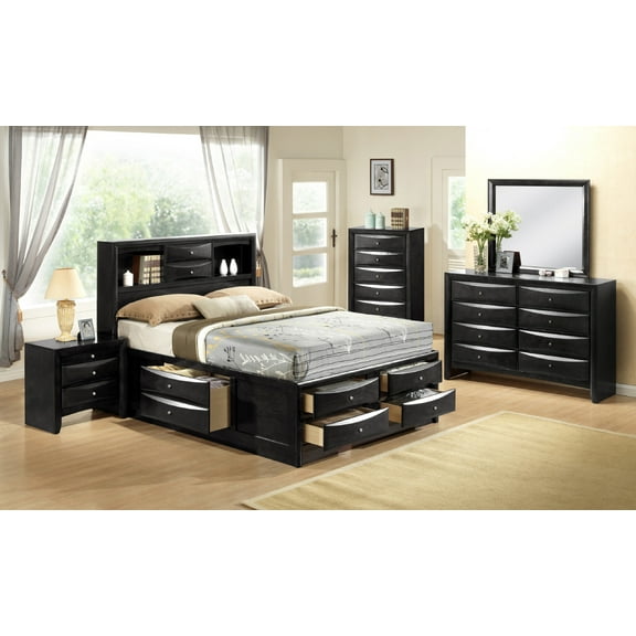 Contemporary Queen Size 6 Pieces Bedroom Set Bed Dresser Mirror Nightstand Chest Storage Drawers Black Finish Wooden Furniture