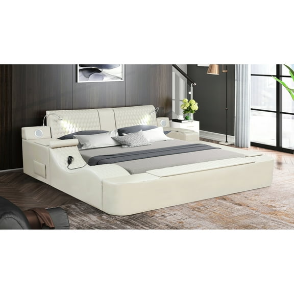 Contemporary Queen Size Bed In Beige With Storage Solutions & Fixture Remote Massage Functionality Side Drawer