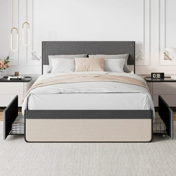 Contemporary Queen Size Metal Platform Bed with Linen Upholstered Headboard, Footboard, and 2 Underbed Storage Drawers - Gray