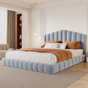 Contemporary Queen Size Velvet Platform Bed Frame, Wooden Slat Support in Light Blue