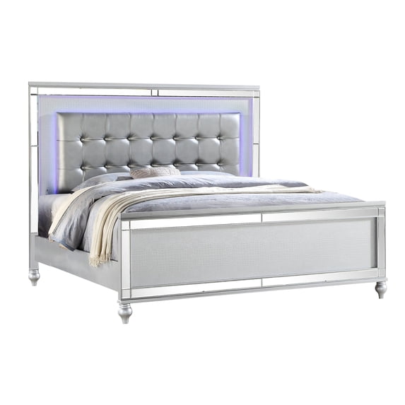 Contemporary Queen Size Wood Bed With Crystal Upholstered Headboard And Led Enhancement Silver Color Glamorous Upholstery