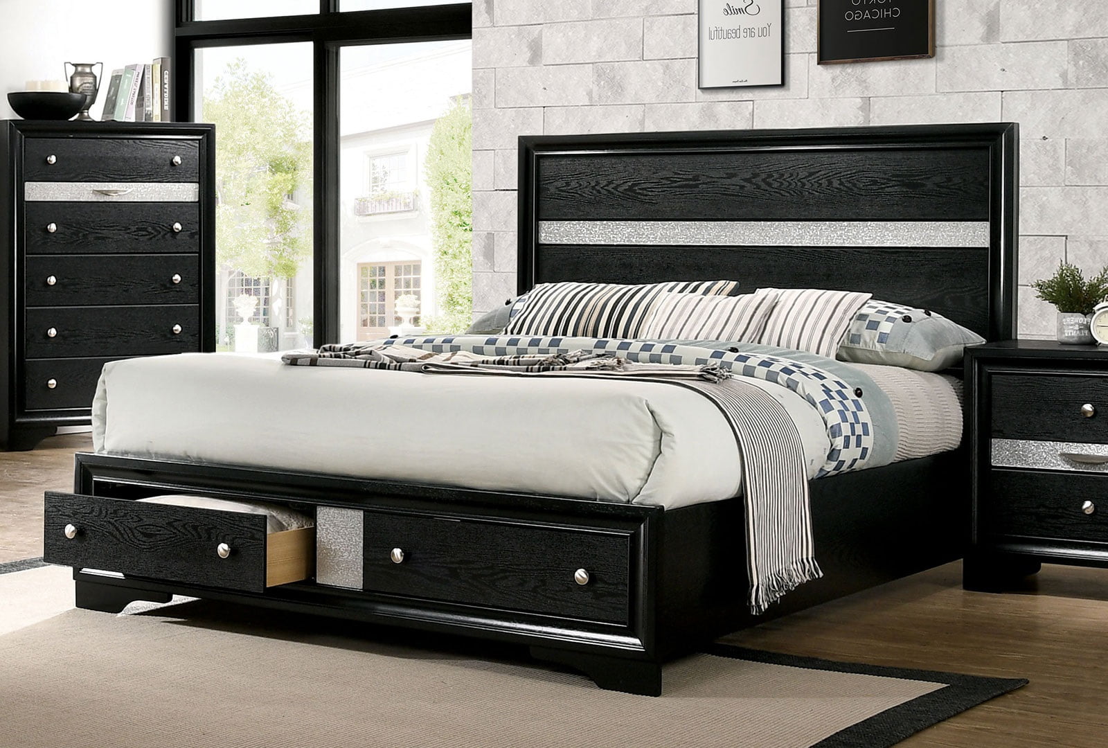 Contemporary Queen Storage Bed - Black Solid Wood Panel Frame, English ...