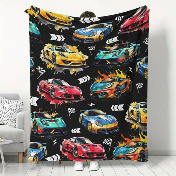 Contemporary Racing Car Flannel Throw Blanket Soft Cozy Sherpa Fleece for Bed Sofa Chair All-Season Versatile Digital Print Ideal for Men & Women