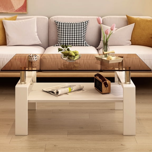 Contemporary Rectangle Coffee Table: Tempered Glass, , Legs, Brown Stylish Table With Glass Top And Practical Shelf