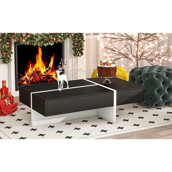 Contemporary Rectangle Design Living Room Furniture, Modern High Gloss Surface Cocktail Table, Center Table for Sofa or Upholstered Chairs, 45.2*25.5*13.7in, Black