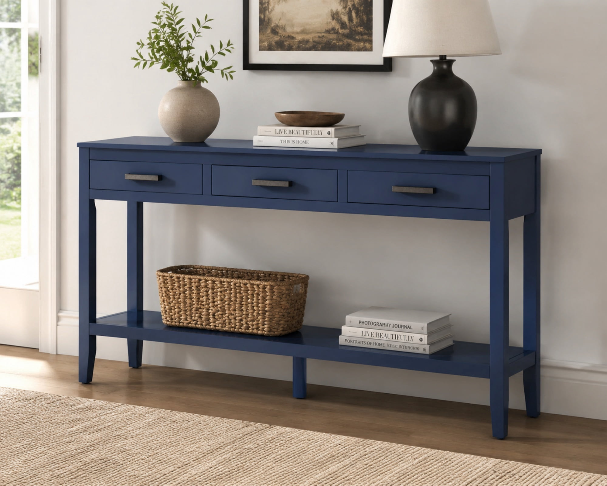 Contemporary Rectangular Console Table with 1 Bottom Shelf and 3 Storage Drawers, 59.1'' Entrance Table Sofa Side Table for Entryway Hallway Living Room Foyer Corridor