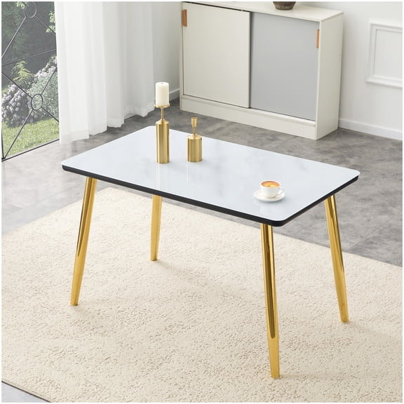 Contemporary Rectangular Dining Table Set for 4, Glass Top and Gold Legs, Minimalist White Marble Look