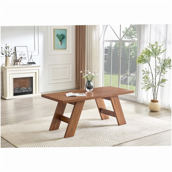 Contemporary Rectangular Dining Table, Walnut Wood Grain Finish with Angled Legs for Stability