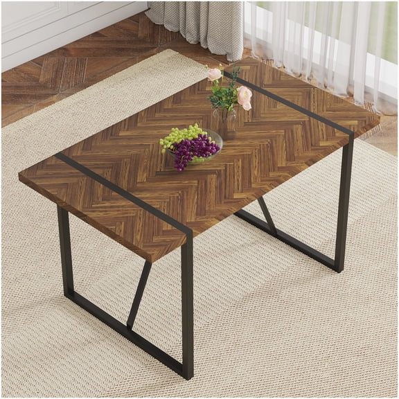 Contemporary Rectangular Dining Table with Textured MDF Top and Black Metal Frame Legs