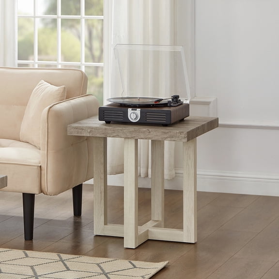Contemporary Rectangular End Table Weathered Gray Beige Finish Engineered Wood Side Table for Living Room Home Decor