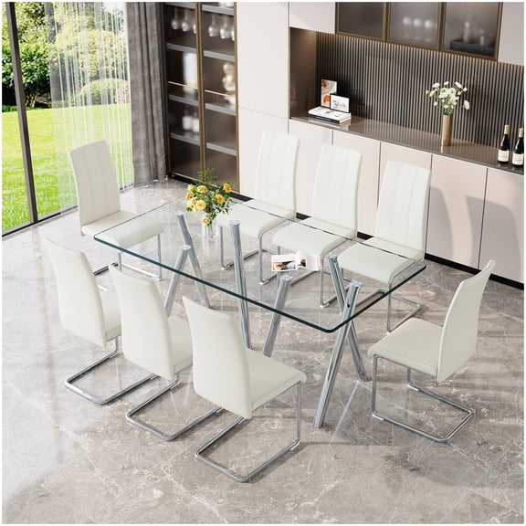 Contemporary Rectangular Glass Dining Table and 8 Chair Set, Silver and White Kitchen Furniture