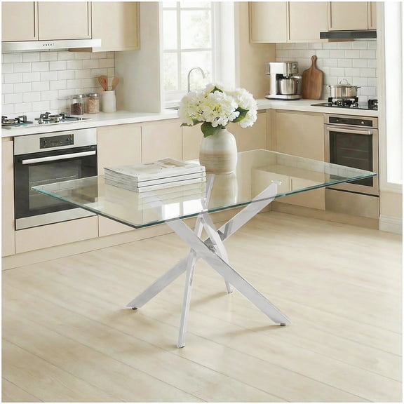 Contemporary Rectangular Glass Top Table, Silver Iron Frame, 59 Inch Long Dining and Office Conference Desk
