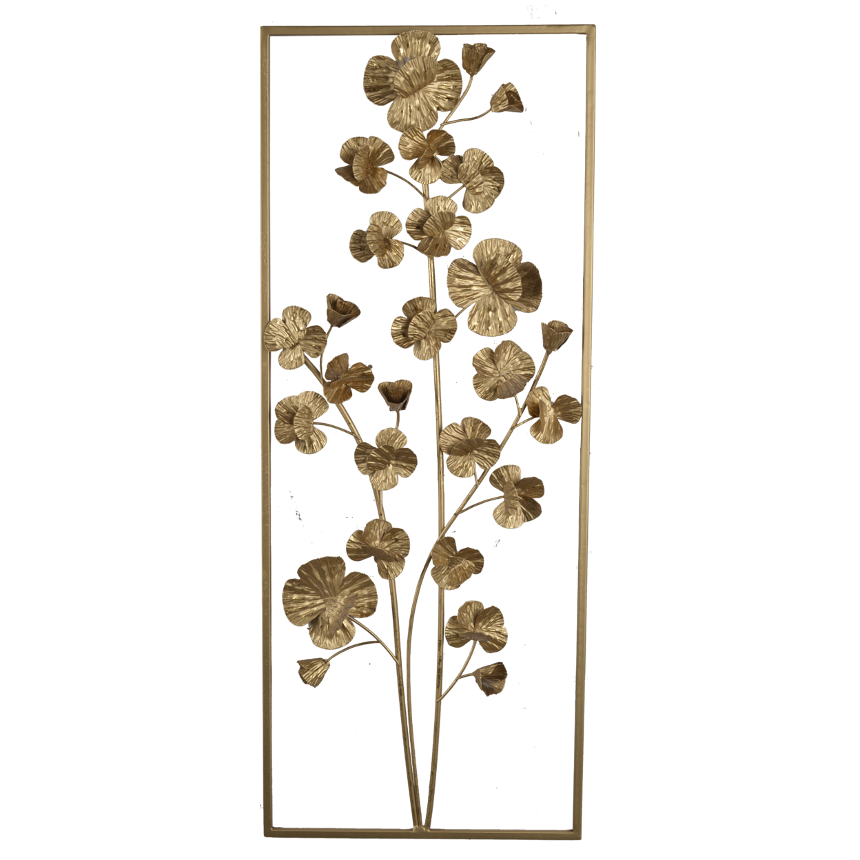 Contemporary Rectangular Metal Wall Art with Floral Plant Design, Gold