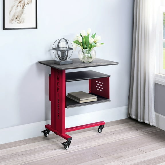 Contemporary Red Accent Table With Functional Caster Wheels And Storage Shelf Metal Wood Fusion For Home Decorating