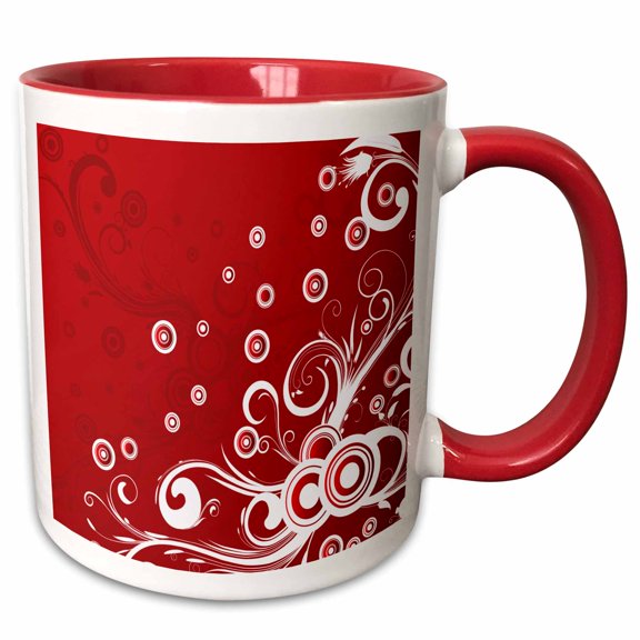 3drose, Contemporary Red and White Flourishes with Circles Design, 11oz Two-tone Red Mug