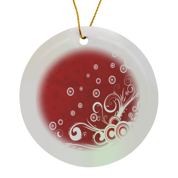 3drose, Contemporary Red and White Flourishes with Circles Design, Circle Porcelain Ornament