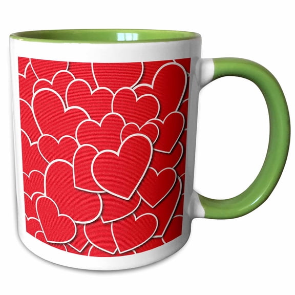 3drose, Contemporary Red and White Overlapping Hearts Pattern, 11oz Two-tone Green Mug